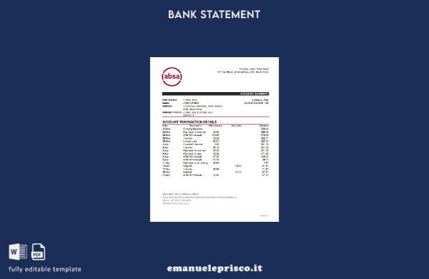 Modello Excel di estratto conto bancario ABSA del Sud Africa in stile verificato
